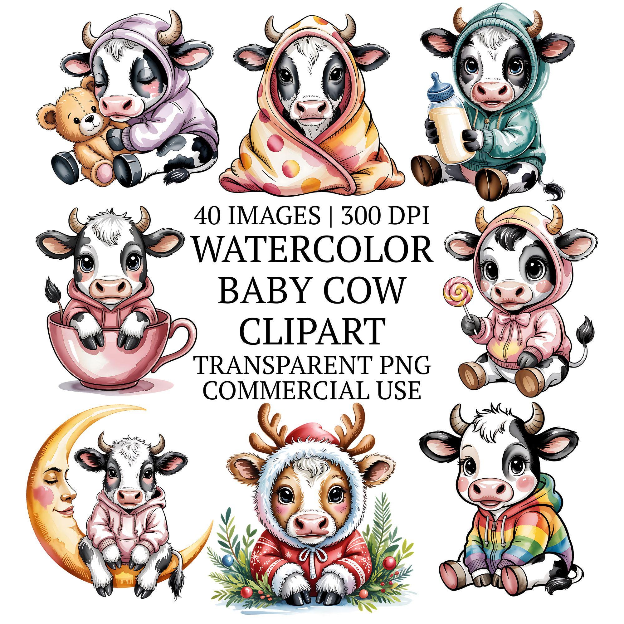 Cute Watercolor Baby Cow Clipart Bundle PNG, 40 Whimsical Farm Animal ...