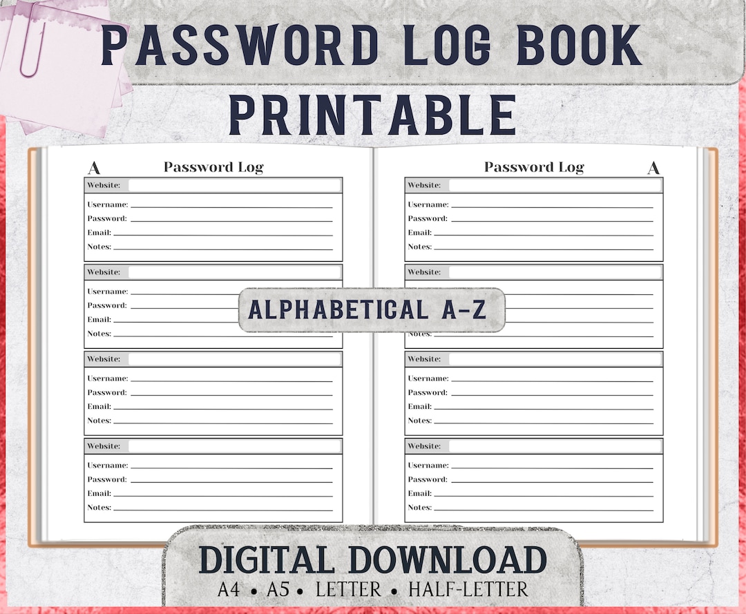 Password Keeper Printable Alphabetical Passwords Book for site Login