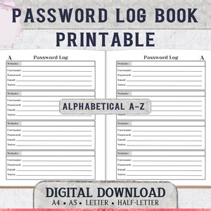 Password Keeper Printable - Alphabetical Passwords Book for Website Login, Username And Password Log