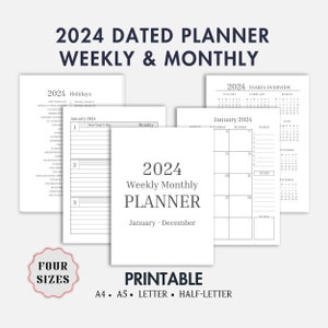 2024 Monthly Weekly Planner Printable, Week On Two Pages, Dated 2 Page Spread, Instant Download, 4 Available Sizes, 12-Month Calendar Agenda