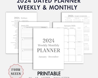 2024 Monthly Weekly Planner Printable, Week On Two Pages, Dated 2 Page Spread, Instant Download, 4 Available Sizes, 12-Month Calendar Agenda