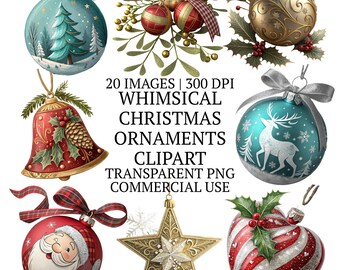 気まぐれなクリスマスオーナメントセットのクリップアートPNG、20のホリデーシーン、お祝いの冬のグラフィック、昇華デザイン、高品質のクリップアートセット