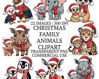 Cozy Christmas Family Animals Clipart PNG Bundle, 22 Cute Winter Season Animal Clip Art Graphics, Sublimation Design, Nursery Image Set