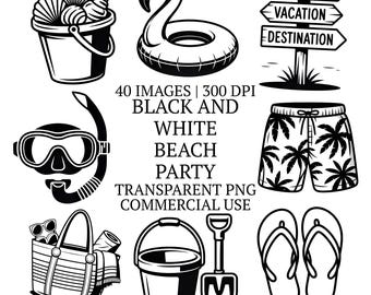 40 Black and White Summer Vibes Clipart Bundle PNG, Tropical Holiday, Beach Party Illustrations, High-Quality Pool Vacation Graphics