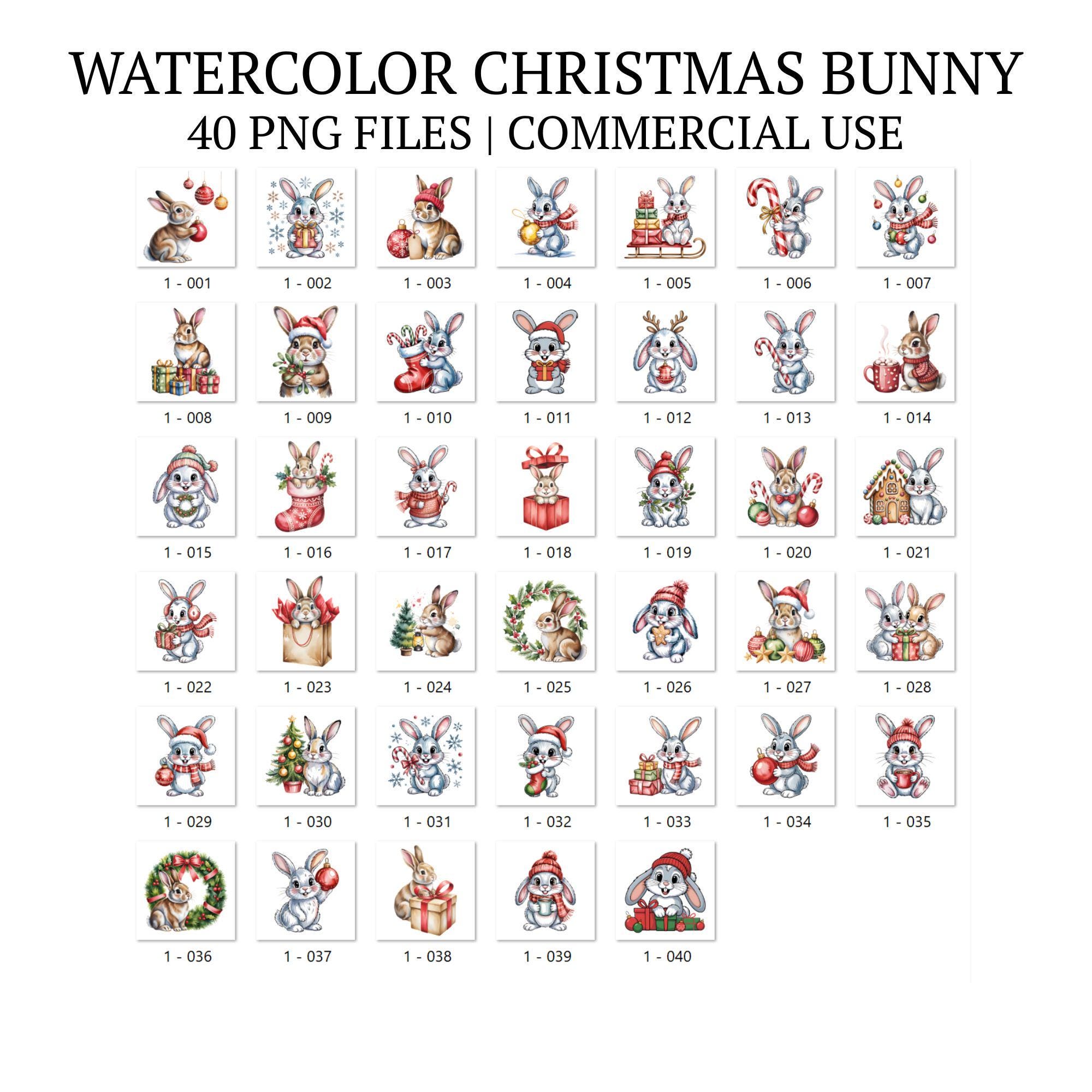40 Watercolor Christmas Bunny Clipart Bundle PNG, Cozy Winter Holiday ...