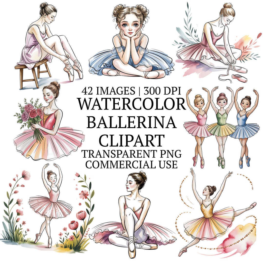 Cute Watercolor Ballerina Clipart Bundle Png, 42 Ballet Girl Clip Art ...