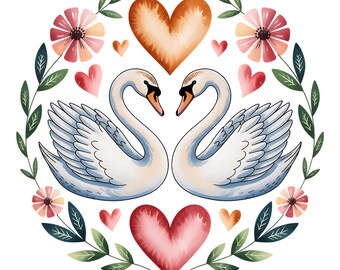 37 Watercolor Romantic Love Swans Clipart Bundle PNG, Whimsical Valentines Day Swan Couple Forming Heart