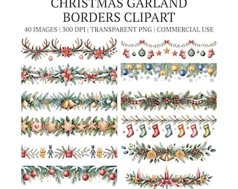 40 Christmas Garland Clipart Bundle PNG, Festive Winter Holiday Borders, Watercolor Ornaments Decoration