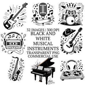 Könnte beinhalten: Eine Sammlung von schwarz-weißen digitalen Illustrationen mit Musikinstrumenten, darunter eine Bassgitarre, ein Mikrofon, ein Schlagzeug, ein Kassettenrekorder, eine akustische Gitarre mit Hut, ein Saxophon, ein Flügel und ein DJ-Plattenspieler mit Kopfhörern.