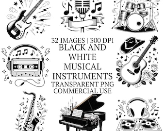 32 Black and White Musical Instruments Clipart Bundle PNG, Hand-drawn Band & Orchestra Graphics, Line Art Brass, String Illustrations