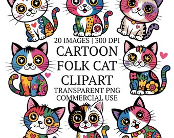 Funny Cartoon Folk Cat Clipart Bundle, Colorful Whimsical Kitten Clip Art Graphics, Quirky Feline Illustration, 20 PNG Sublimation Designs