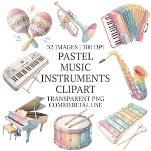 Puede incluir: Clipart de acuarela con varios instrumentos musicales de colores pastel, incluyendo maracas, una trompeta, un acordeón, un teclado, un saxofón, un piano de cola, un tambor y un xilófono. El texto dice "PASTEL MUSIC INSTRUMENTS CLIPART".