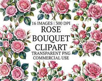 Floral Rose Bouquet Clipart Bundle 16 PNG, Wedding Bridal Shower Rose Flowers Clip Art, Digital Download, Junk Journals, Commercial Use