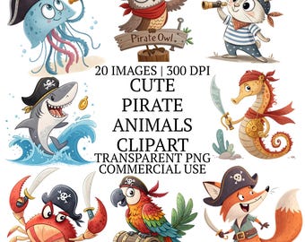 Cute Pirate Animals Clipart Bundle PNG, 20 Whimsical Nautical, Clip Art Graphics For Nursery, Birthday Invitations, Sublimation Designs