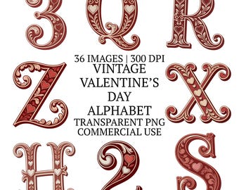 36種類のヴィンテージバレンタインデーアルファベットクリップアートバンドルPNG、気まぐれな文字と数字のラブグラフィック、ロマンチックな昇華デザイン