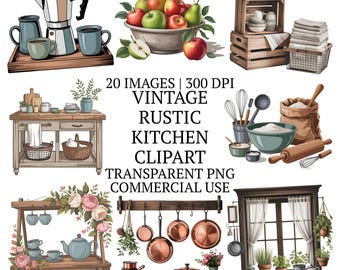 20種類のヴィンテージ風ラスティックキッチンクリップアートバンドルPNG、高品質の調理器具クリップアート、気まぐれな調理器具と食材のグラフィック