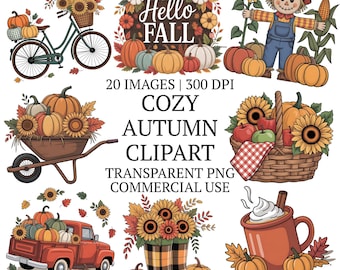 Cozy Autumn Clipart PNG Bundle, 20 Floral Fall Aesthetic High Quality Clip Art, Cottagecore Pumpkin Graphics Set, Sublimation Designs