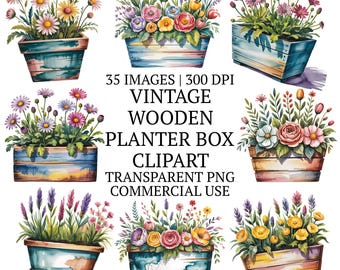 Pacchetto di clipart di fioriere in legno vintage in formato PNG, 35 clipart botaniche rustiche ad acquerello di alta qualità, vegetazione da fattoria, vaso da fiori da giardino