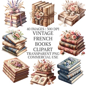 May include: A collection of vintage French books clipart. The image features stacks of antique books with floral arrangements and decorative covers. The books are in various colors, including beige, blue, and red. The text on the image reads "40 IMAGES | 300 DPI VINTAGE FRENCH BOOKS CLIPART TRANSPARENT PNG COMMERCIAL USE."