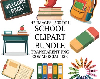 School Clipart Bundle PNG, 42 High Quality Back To School Printable Supplies Clip Art, Classroom Education Stuff, Teacher Appreciation Gift
