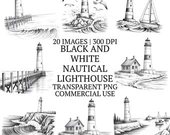 20 Black and White Nautical Lighthouse Clipart Bundle PNG, Unique Vintage Coastal Line Drawing, Ocean Beach Hand-Drawn Sublimation Designs