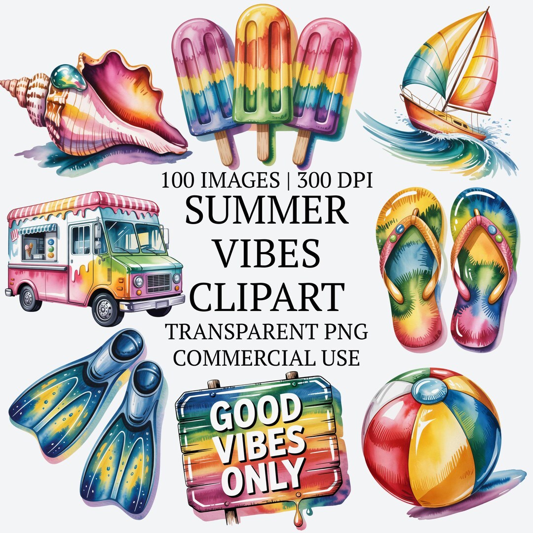 Summer Vibes Clipart Bundle PNG, 100 Tropical Beach Watercolor