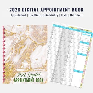 May include: A digital appointment book for 2026 with a marble and gold cover. The book is spiral-bound and includes a detailed calendar layout with sections for notes and to-do lists. Text on the cover reads "2026 Digital Appointment Book."
