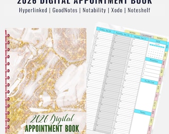 2026 デジタル予約帳 Goodnotes - 15分単位、日付付きハイパーリンク付きヘアスタイリストプランナー、顧客記録帳、美容サロンギフト