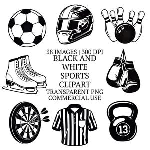 Può includere: Una collezione di clipart sportive in bianco e nero con un pallone da calcio, casco da corsa, birilli e palla da bowling, pattini da ghiaccio, guantoni da boxe, bersaglio con freccette, maglia da arbitro e un kettlebell con il testo 38 IMAGES 300 DPI BLACK AND WHITE SPORTS CLIPART TRANSPARENT PNG COMMERCIAL USE.