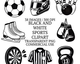 38 Black and White Sports Clipart Bundle PNG, Hand-Drawn Sport Images, Football, Soccer, Basketball, Tennis, Golf Line Art Illustrations