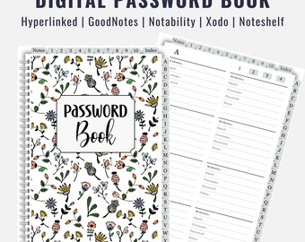 Digital Password Book With Alphabet Hyperlinked Tabs For Goodnotes, Password Tracker Spreadsheet, Digital Password Keeper, A4 PDF Download