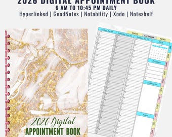 2026年デジタル予約帳 Goodnotes、毎日午前6時から午後10時45分まで、日付付きハイパーリンク付きヘアスタイリストプランナー、顧客記録帳、美容院ギフト