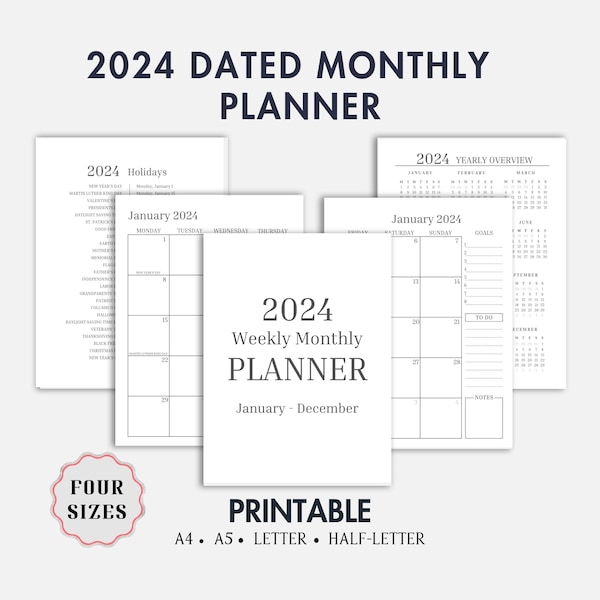 2024 Monthly Planner Printable, Month On Two Pages, Dated 2 Page Spread, Instant Download, 4 Available Sizes, 12-Month Calendar Agenda