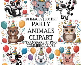 Cute Party Animals Clipart PNG Bundle, 28 High Quality Wild Birthday Clip Art Pack, Sublimation Design, Nursery Image Set, Printable Decor