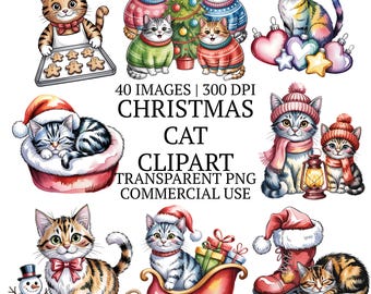 Cute Christmas Cat Clipart Bundle PNG, Whimsical Holiday Kitty Clip Art Graphics, Festive Feline Illustration, 40 Kitten Sublimation Designs