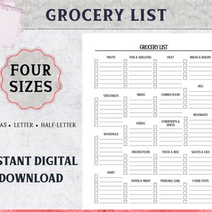 Printable Grocery List - Digital Download Groceries List - Print At Home Shopping List - Food Dairy & Planner