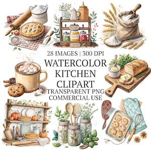 Puede incluir: Ilustración acuarela de elementos de cocina, incluyendo una tarta, rodillo, harina, azúcar, botes de café, pan, galletas y una taza de chocolate caliente. El texto dice: "28 IMÁGENES | 300 DPI WATERCOLOR KITCHEN CLIPART TRANSPARENT PNG USO COMERCIAL."