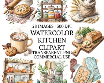 かわいい水彩画のキッチンクリップアートバンドルPNG、28種類の高品質な調理器具のクリップアート、気まぐれな調理器具と材料のグラフィック