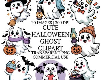 かわいいハロウィンゴーストクリップアート集、20種類の高品質イラスト、面白いPNGグラフィック、気まぐれなクリップアート、不気味な季節の昇華