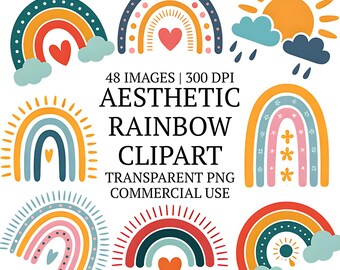 Cute Aesthetic Rainbow Clipart Bundle PNG, 48 High Quality Printable Clip Art Set, Digital download