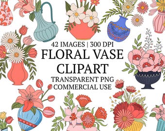 Floral Vase Clipart Bundle 42 PNG, Wedding Bouquet Vases Clip Art, Digital Download, Wall Art & Junk Journals, Scrapbooking, Commercial Use