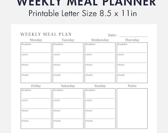 Printable Weekly Meal Planner, Meal Prep Planner, Landscape Meal Tracker, Food Journal, 8.5 x 11 in Letter Size Food Diary, Instant Download