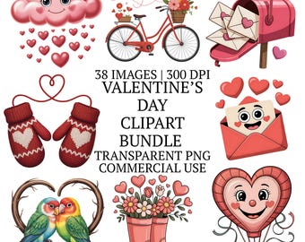 38種類のバレンタインデー用クリップアートセット、気まぐれな水彩画風ラブPNGグラフィック、ロマンチックな昇華デザイン