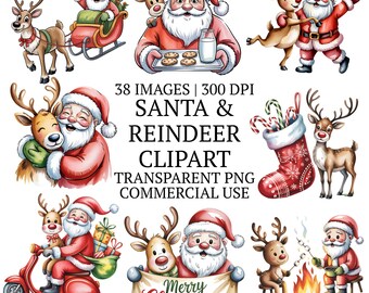Cute Watercolor Santa & Reindeer Christmas Clipart Bundle PNG, 38 Whimsical Festive Winter Holiday Graphics,  Sublimation Designs