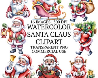 水彩サンタクロースのクリップアートバンドルPNG、16のホリデーシーン、クリスマスのお祝いグラフィック、高品質のクリップアートセット、昇華デザイン