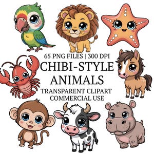 Bundle de clipart animaux style chibi PNG, 65 images clipart fond transparent, jolies illustrations d'art pour chambre d'enfant, téléchargement numérique, usage Commercial