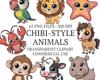 Chibi-Style Animals Clipart Bundle PNG, 65 Transparent Background Clip Art, Cute Nursery Art Illustrations, Digital Download, Commercial Use