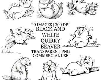 20 Quirky Black And White Beaver Clipart Bundle PNG, Whimsical Forest Animal Illustrations, Cute Rodent Doodle Images, Sublimation Designs