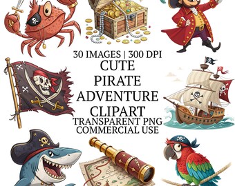 Cute Pirate Adventure Clipart Bundle PNG, Birthday Invitations, 30 Whimsical Nautical Clip Art Graphics For Nursery, Sublimation Designs