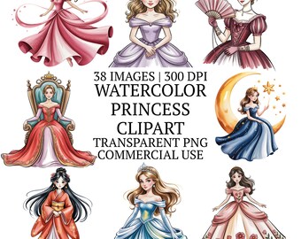 Watercolor Princess Clipart Bundle PNG, Cute Royal Kingdom Clip Art Graphics, 38 Beautiful High Quality Nursery Sublimation Designs